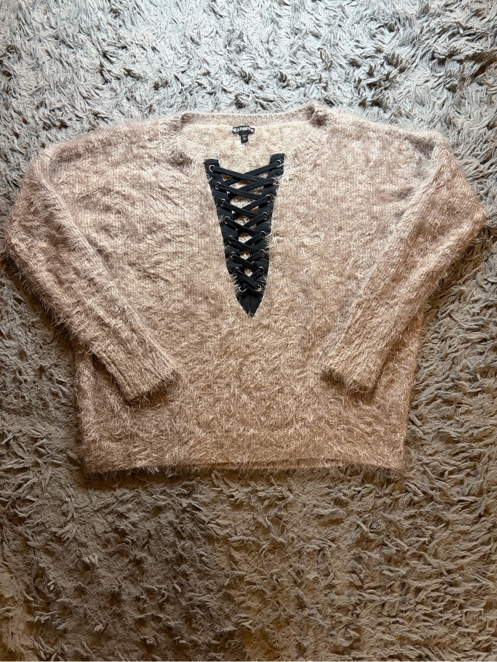 Express beige-brown eyelash fuzz black lace up v-neck pullover sweater sz M